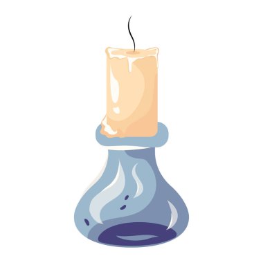 Cam şamdanda yanan mum. Mum büyüsü Cadılar Bayramı tasarım elementi. Mum ışığı vektör çizimi beyaz arkaplanda izole edildi.