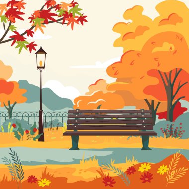 Sonbahar bahçesinde tezgah. Şehir parkında sarı, turuncu, kırmızı ağaçlar, çimenler, ahşap bank ve fener var. Boş parkı olan vektör illüstrasyon karikatürü