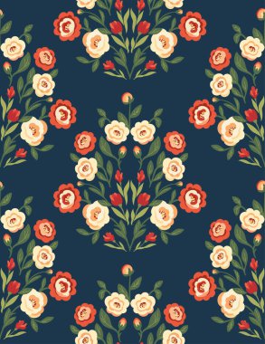 Koyu mavi arka planda çiçek eşkenarı kompozisyonu olan vektör halk sanatı deseni. Fayansla süslenmiş botanik süsü. Kumaş veya duvar kâğıdı için simetrik çiçek bitkilerine sahip doku