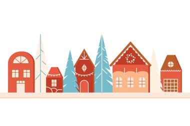 Noel 'de küçük tahta oyuncak evler ve Noel ağaçları yapıldı. Ev dekorasyonu, festival unsurları. Yeni yıl zanaat süslemesi. Vektör tasarım elemanları el sanatları ev dekorasyonu.