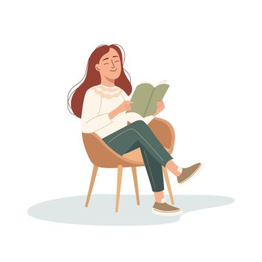 Rahat kız modern sandalyeye oturup kitap okuyor. Sevimli genç kız dergi okuyarak vaktini harcıyor. Düz vektör çizimi beyaz üzerine izole edildi