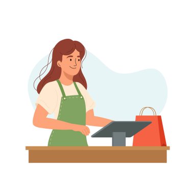 Alışveriş merkezindeki kadın düz vektör illüstrasyonuna bakıyor. Konsept kız satıcısı, işyerinde satıcı. Genç kızın vektör illüstrasyonu, beyaz arka planda izole edilmiş kasadaki satışı işliyor.