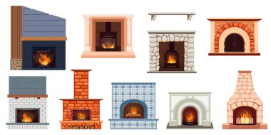 Sıcak şömine vektör illüstrasyonu koleksiyonu. Sıcak kış şenlik ateşleri, yanan alevler sıcak ateşi davet ediyor. Kırmızı tuğla, demir oymalı ızgara, fayanslarla süslenmiş, yakacak odun. Tasarım ögeleri