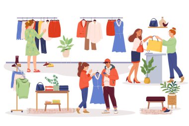 Butikte alıcılar, vektör çizimi. Moda mağazasında farklı kıyafetleri olan modern kıyafetler seçen bir kadın. Kız kasadan almaktan memnun. Kıyafet, giysi, moda kıyafetler.