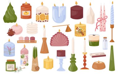 Çeşitli mum koleksiyonları düz vektör çizimleri. Ateşli kokulu mum ışıkları rahatlatıcı bir atmosfer yayar. Aromaterapi, rahatlama ve ev dekorasyonu. Balmumu aromatik mumlar.