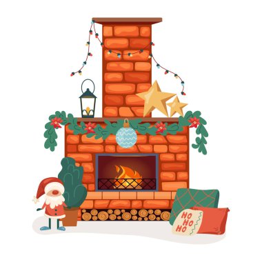 Cozy interior red bricks bonfire with mantelpiece and chimney. Classic home fireplace with firs, lighting, decoration, santa and pillows with tradition winter print. Warm hearth exudes holiday cheer