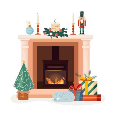 Kış tatilleri için sütunları olan çağdaş klasik şömine. Sıcak kış şenlik ateşi şömine rafı fındık kıracağı, hediyeler, mumlar, Noel ağacı, sıcak ateşi davet eden. Vektör