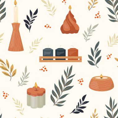 Ilık sonbahar tasarımı canlı yapraklar ve parlayan mumlar cazibeyi ve nostaljiyi çağrıştırıyor. Kusursuz vektör arkaplanının zengin renkleri rahat, sakin atmosfer sağlıyor. Parmak izleri, kumaşlar, tekstil için mükemmel.