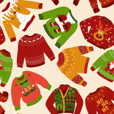 Parlak Noel çirkin, pürüzsüz süveter. Tatil, Norveçli süslemeleriyle kazak ördü. Kumaş, hediye paketi ve selamlama için arka planı tekrarlayan komik geleneksel giysi vektörü