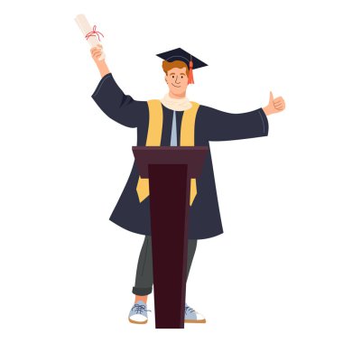 Genç adam mezuniyet töreninde başarısını kutlamak için sahneye çıkıyor. Önlük ve kep takan mutlu mezun, gülümseyerek yeni bir sayfa açarken gururla diplomasını tutuyor. Çizgi film vektörü
