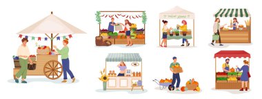 Doğal tarım üretimi olan bir grup çiftçi tezgahı. Yerel market tezgahlarını ve insanları toplayın. Sebze, ekmek, meyve ve bal sunan dost canlısı tedarikçi karakterler. Düz vektör illüstrasyonu