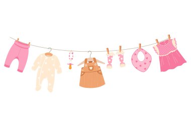 Mandallara asılı pembe kız kıyafetlerinin şirin vektör çizimi, bebek partisi teması için mükemmel. Davetiyeler, dekorasyonlar ve tebrik kartları için ideal. Yumuşak, büyüleyici ve eğlenceli tasarım.