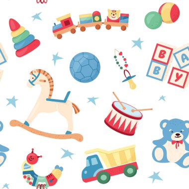 Oyuncak bebek oyuncakları, tren, araba ve at içeren kusursuz bir model. Bebek teması için harika bir çizgi film vektör tasarımı. Bebek tekstil, kumaş, ambalaj kağıdı, kapak ve vektör tasarımları için ideal