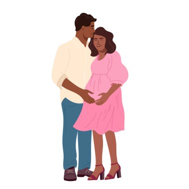 İlk çocuklarını bekleyen bir çift. Hamile karı ve koca. Mutlu anne bebeğiyle hava atarken, baba da hevesle yavrusunu bekliyor. Düz vektörle gösterilen neşeli aile anı