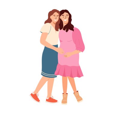 Pembe elbiseli, gülümseyen hamile bir kız bebek partisinde arkadaşına sarılıyor. Hamile karnı olan mutlu bir anne. Erkek ya da kız cinsiyeti, beyaz arka planda izole edilmiş parti vektör tasarımı unsurunu ortaya çıkardı