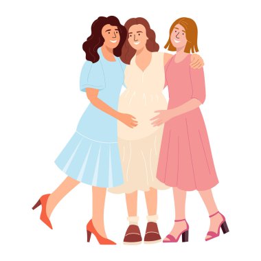 Beyaz elbiseli, gülümseyen hamile bir kız bebek partisinde kız arkadaşlarına sarılıyor. Hamile karnı olan mutlu bir anne. Erkek ya da kız cinsiyeti, beyaz üzerinde izole edilmiş parti vektör tasarımı unsurunu ortaya çıkardı