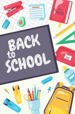 Okul broşürlerine geri dön. Çocukluk resimlerinde çocuklar, kitap, ataç, kalem, kırtasiye, baskı için çanta koleksiyonu, eğitim, öğrenme. Poster, afiş, reklam için vektör illüstrasyonları