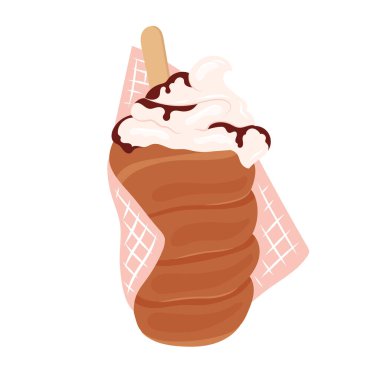 Trdelnik 'in vektör çizimi izole edildi. Yerel pazarda geleneksel tükürük pastası. Krem şantili el çizimi trdlo. Ulusal Çek tatlısı. Avrupa sokak yemekleri. Baca keki ya da kurtoskalac.