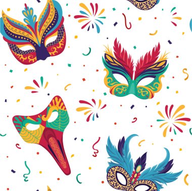 Vibrant vector seamless pattern featuring variety of ornate carnival masks. Each masquerade mask is decorated with intricate designs, feathers and beads, capturing the lively spirit of festive clipart