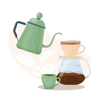 Bol aromatik espresso için uzun, dar bir ağız dolusu su damlatın. Süpürge kahve makinesi ve çaydanlıkla demlenmiş kahve. Web sitesi, bayrak veya dökümünün düz vektör çizimi