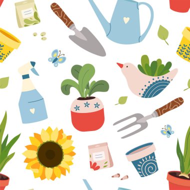 Bahçıvanlık aletleri, dekoratif saksılar ve genç bitkiler içeren vektörsüz desen. Kumaşlar, ambalajlar, ambalaj kağıtları ve arka planlar için baharda kullanılacak bahçe dokusu