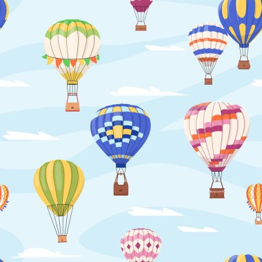 Sıcak hava balonları vektörsüz desen oluşturuyor. Gökyüzünde uçuşan renkli balonlar ve arka planda tekrar eden bulutlar. Hava uçuş macera festivali, gösteri. Baskı, kumaş ve tekstil için sonsuz tasarım