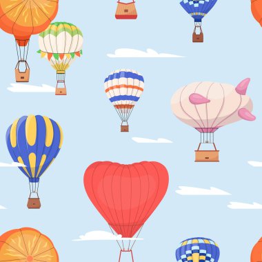 Sıcak hava balonları vektörsüz desen oluşturuyor. Çizgi film balonları gökyüzünde farklı şekillerde uçar arka planda tekrar eder. Hava uçuş macera festivali, gösteri. Baskı, kumaş, tekstil ve ambalaj için sonsuz tasarım