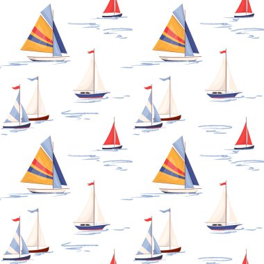 Yelkenli yelkenli ile kusursuz yelkenli yelkenli yarışı. Denizdeki çeşitli gemilerle denizsel yineleme arka planı. Yaz vektörü. Baskı, kumaş, tekstil ve ambalaj kağıdı için düz tasarım.