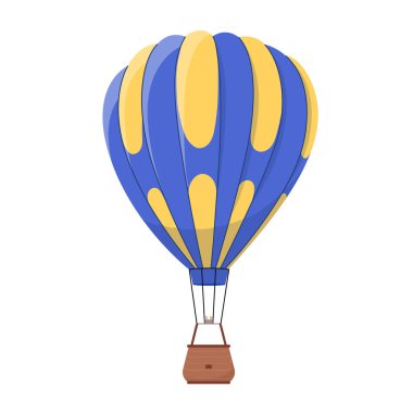 Mavi sıcak hava balonu. Uçan çizgili balon tasarım unsuru davetiye, broşür, afiş göstermek için. Sepetle birlikte hava yolculuğu turist taşımacılığı. Düz vektör çizimi beyaz üzerine izole edildi