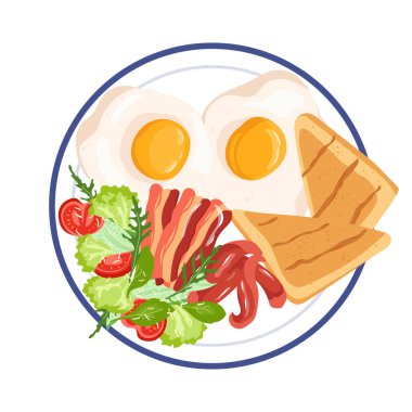 Klasik Amerikan kahvaltısı. Kızarmış yumurta, kıtır pastırma, sosis ve salata. Düz vektör çizimi şeffaf arkaplanda izole edildi. Sağlıklı sabah lezzetinin tasarım unsuru.