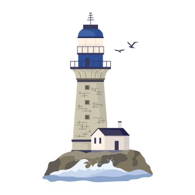 Taştan deniz feneri, deniz kulesi, küçük ev ve fener ışıkları, gemilerin yol bulmasına yardımcı oluyor. Gözlem noktası ve sinyalleri olan inşaat kulesi. Düz vektör illüstrasyonu