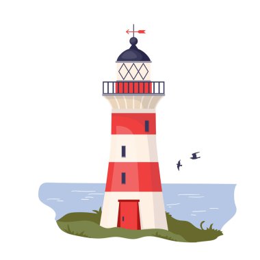Deniz kıyısındaki deniz feneri. Kırmızı beyaz çizgili ve fenerli denizcilik kulesi gemilerin yol bulmasına yardımcı oluyor. Deniz kıyısı mimari tasarım elementi Düz vektör illüstrasyonu