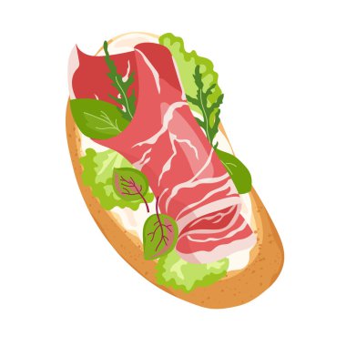 İspanyol jambonu, kızarmış ekmek ve yumuşak peynir. Jamon ve salata ve kızarmış ekmek dilimi. İtalyan bruschetta 'sının üst görüntüsü prosciutto ideal aperatif veya aperatif. Düz vektör illüstrasyonu