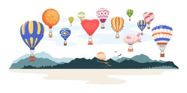 Güneş doğarken dağ manzarasında uçan renkli sıcak hava balonları. Çeşitli hava yolculuğu turist taşımacılığıyla manzara manzarası. Seyahat, macera veya promosyon için telif alanına sahip vektör pankartı