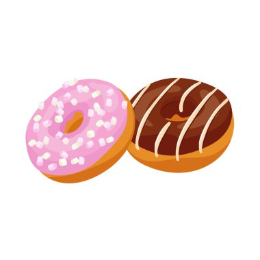 Çikolatalı ve çilekli çizgi film çörekleri. Renkli yuvarlak, lezzetli tatlı tatlılar. Şekerlemeli düz vektör çörek çizimi.