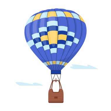 Mavi sıcak hava balonu. Uçan çizgili balon tasarım unsuru davetiye, broşür, afiş göstermek için. Sepetle birlikte hava yolculuğu turist taşımacılığı. Düz vektör çizimi beyaz üzerine izole edildi