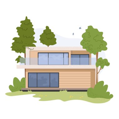 Düz çatılı modern glamping evi, panoramik pencereler ve yeşil ağaçlarla çevrili ahşap cephe. Ormandaki modüler eko-ev. Rahat bir açık hava eğlencesi konsepti. Düz vektör