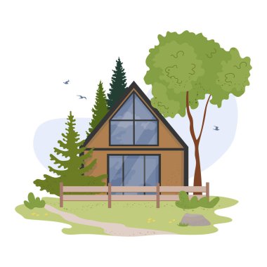 Ormanda eko-turizm için ahşap dağ evi. Ağaçlarla çevrili panoramik pencereli modern glamping evi modüler eko-ev. Rahat açık hava eğlence konsepti vektör çizimi izole edildi