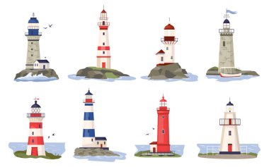 Deniz feneri koleksiyonu, deniz kıyısı ya da okyanus sahili kayaları. Mavi, kırmızı, beyaz çizgili ve fenerli karikatür denizcilik kulesi. Deniz kıyısı mimarisi Düz vektör çizimleri
