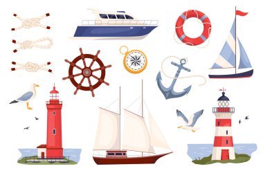 Deniz ve okyanus tasarım elementleri. Deniz fenerleri, gemiler, çapa, martılar, pusula ve deniz düğümlerinin deniz vektör çizimi. Koleksiyon denizcilik vektör çizimleri beyaz arkaplanda izole edildi