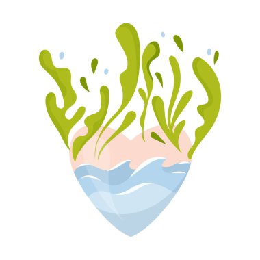 Kalp şeklinde eko sembolü su ve yeşil bitkilerin birleşimi. Sürdürülebilir yaşam ve çevre korumasını destekleyen doğa vektör illüstrasyonu kavramı. Dünya Günü, ekonomi projeleri ve yeşil için mükemmel.