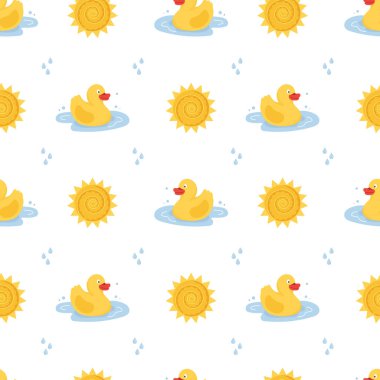 Su ve güneş üzerinde yüzen sarı plastik ördek desenli kusursuz çocuklar. Güzel çizgi film parlak tasarımı. Çocuk temaları, banyo saati tasarımı, çocuk baskıları, tekstil, ambalaj kağıdı için mükemmel.