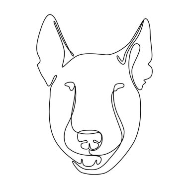 Bull Terrier vektör görüntüsünü çizen kesintisiz bir çizgi. Tek sıra, minimal köpek portresi. Beyaz arka planda izole edilmiş şirin köpek yavrusu siyah çizimi. Grafik çizimi