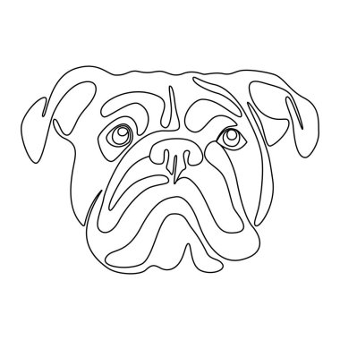 İngiliz bulldog vektör resmi çizen kesintisiz bir çizgi. Tek sıra halinde, minimal bir köpek portresi. Beyaz arka planda izole edilmiş şirin köpek yavrusu siyah çizimi. Grafik çizimi