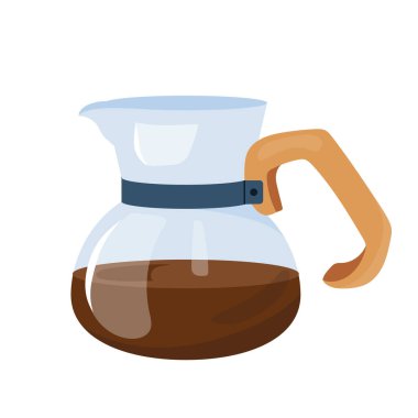 Yeni demlenmiş kahve ile dolu, tahta saplı cam kahve sunucusunun vektör çizimi. Düz stil mutfak malzemesi simgesi, kafe menü tasarımı, gıda ambalajı veya demleme dersleri için mükemmel.