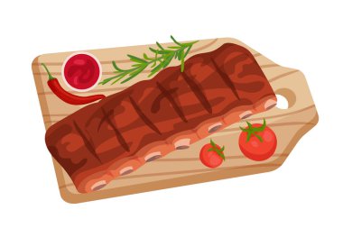 Baharatlı sos, acı biber, bitki ve domates ile servis edilen leziz barbekü domuz kaburgalarının vektör çizimi. Ahşap tahtada lezzetli ızgara yiyecekler, yemek tarifi kitapları, barbekü partisi tasarımları ya da restoran broşürleri için mükemmel.