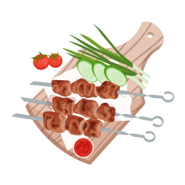 Vektör illüstrasyon bbq, metal çubuklarda ızgara kebap, taze salatalık, yeşil soğan, domates ve ahşap tahta üzerinde sos. Barbekü partisi, yaz yemeği ya da menü tasarımı için mükemmel.