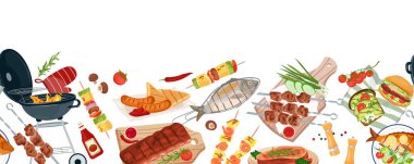 Parti ızgara yiyecek sınırı. Yaz pikniği kusursuz desen. Barbekü ızgarası, sosisi, et şişi, biftek, balık ve karides, hamburger ve sebze ızgarası olan yassı vektör pankartı.
