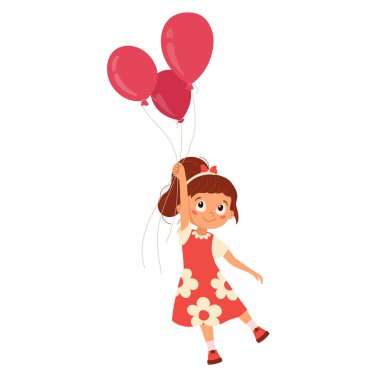 Kırmızı elbiseli mutlu küçük kız balon tutuyor Balon çocuk karakteri Balon çizgi film tasarımı ile oynuyor çocuklar için kutlama tasarımı, tebrik kartları, poster, el ilanı parti illüstrasyonu