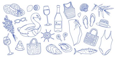 El çizimi doğrusal yaz elementlerinin vektör çizimleri. Taslak simge koleksiyonu plaj giysileri, deniz ürünleri, içecekler, aksesuarlar, lavanta ve deniz kabukları içerir. Tatil temaları tasarımı, yazdırma, dekorasyon için dizayn